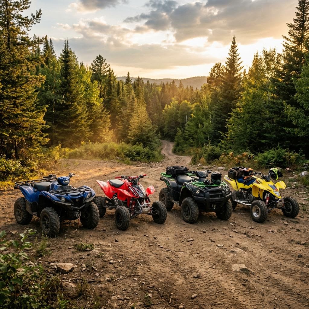 Lineup of new 2026 gas sport and utility ATVs for sale parked on a forest trail clearing