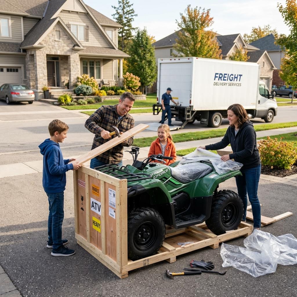 Family unboxing a new crated gas ATV delivered to their driveway by an online powersports dealer