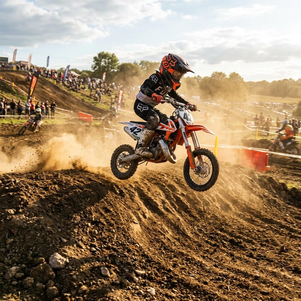 Youth rider in full safety gear jumping a new gas dirt bike on a 2026 motocross track