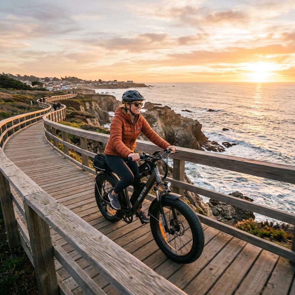 Rider on a new 2026 fat-tire electric bike cruising a coastal boardwalk path