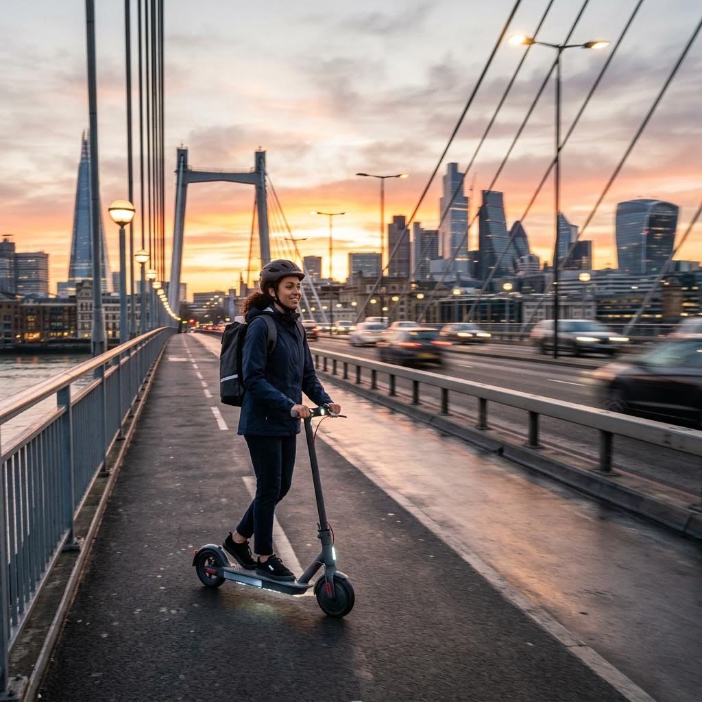 Commuter riding a new 2026 Gotrax electric scooter across a city bridge at sunrise