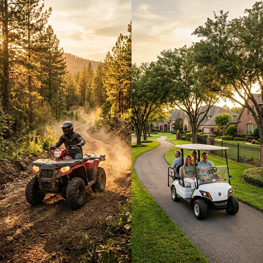 Gas ATV on a dirt trail beside an electric golf cart on a neighborhood path in a gas vs electric comparison