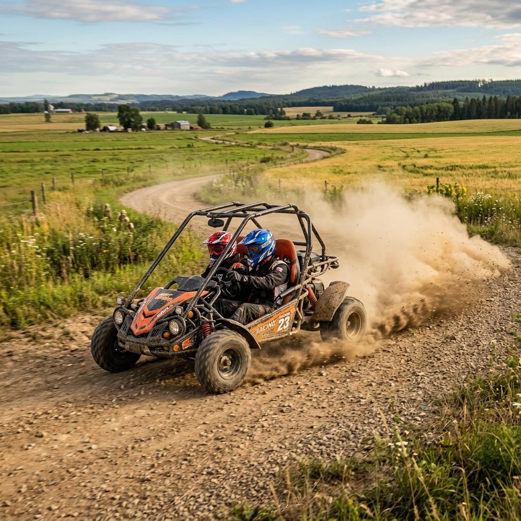 Off-road gas go-kart with roll cage kicking up dust on a rural dirt path in 2026