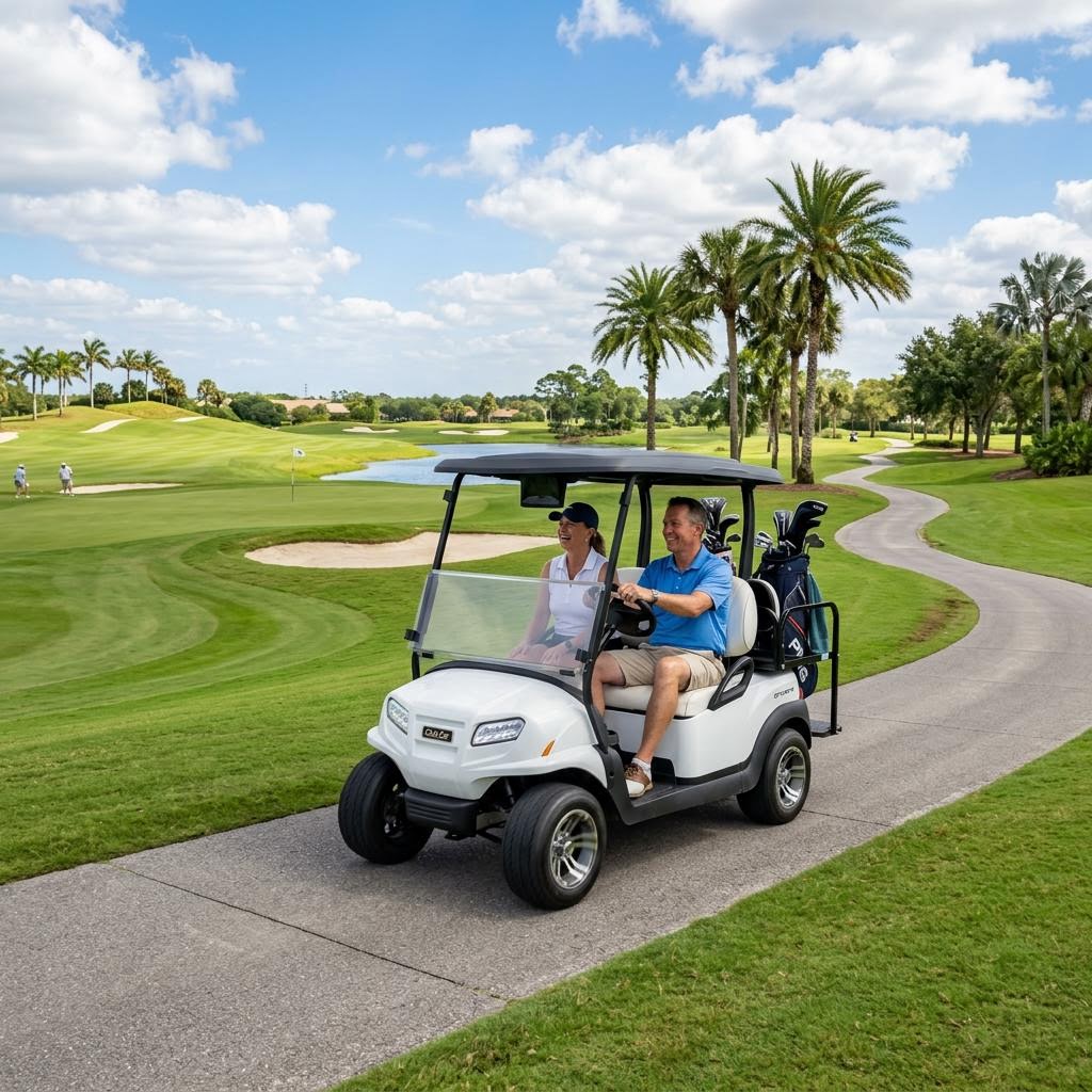 New 2026 electric golf cart for sale carrying golf bags on a sunny golf course path