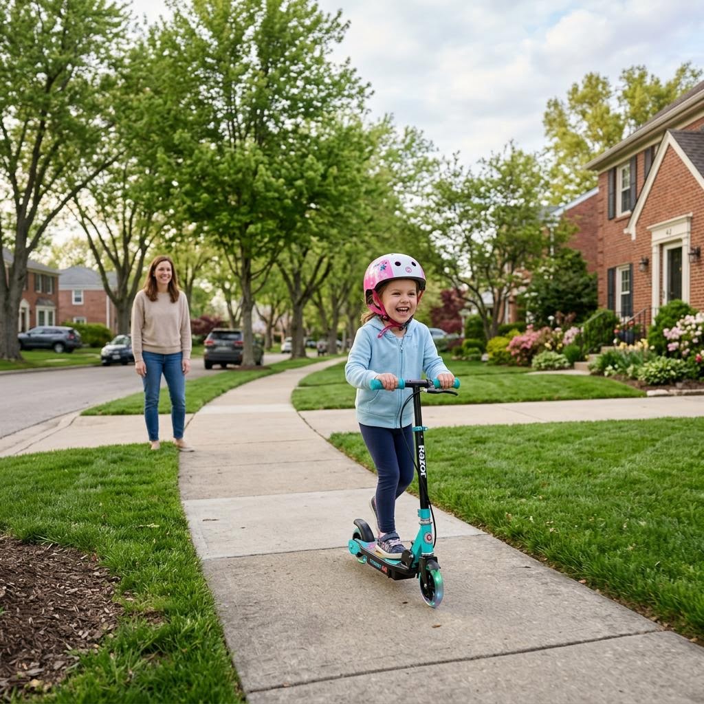 Child wearing a helmet riding a kids electric scooter on a suburban sidewalk while a parent watches