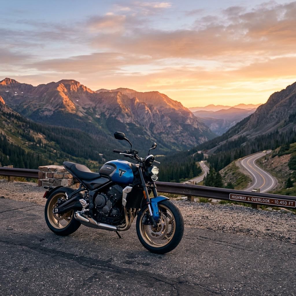 New 2026 entry-level street motorcycle for sale parked at a scenic mountain highway overlook at dawn