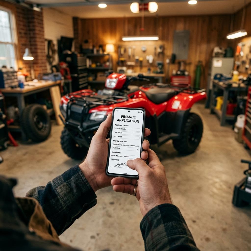 Buyer completing a powersports financing application on a phone with a new gas ATV in the garage