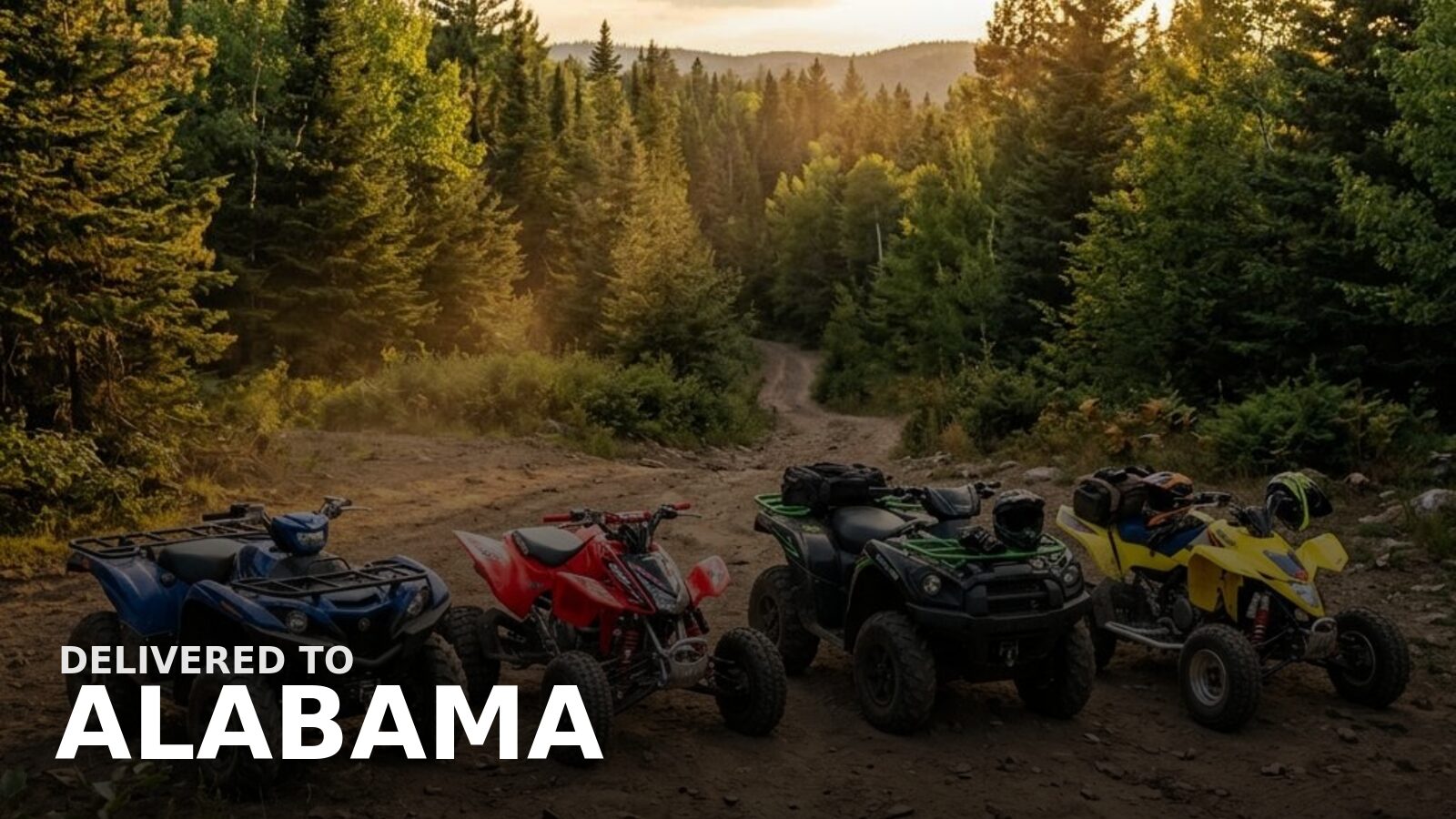 New powersports delivered to Alabama — a gas ATV on a red-clay trail through southern pines