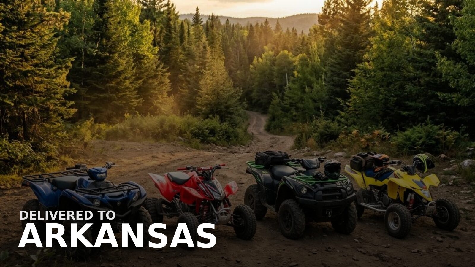 New powersports delivered to Arkansas — a gas ATV climbing a rocky Ozark forest trail