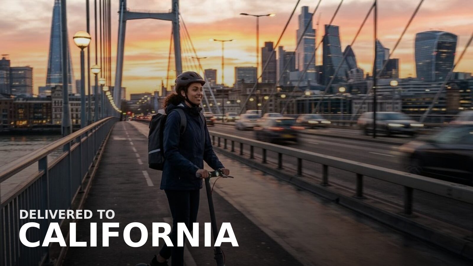 New powersports delivered to California — an electric scooter rider on a sunny coastal boardwalk