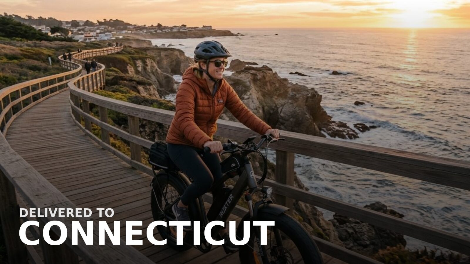 New powersports delivered to Connecticut — an e-bike leaning against a New England stone wall in fall