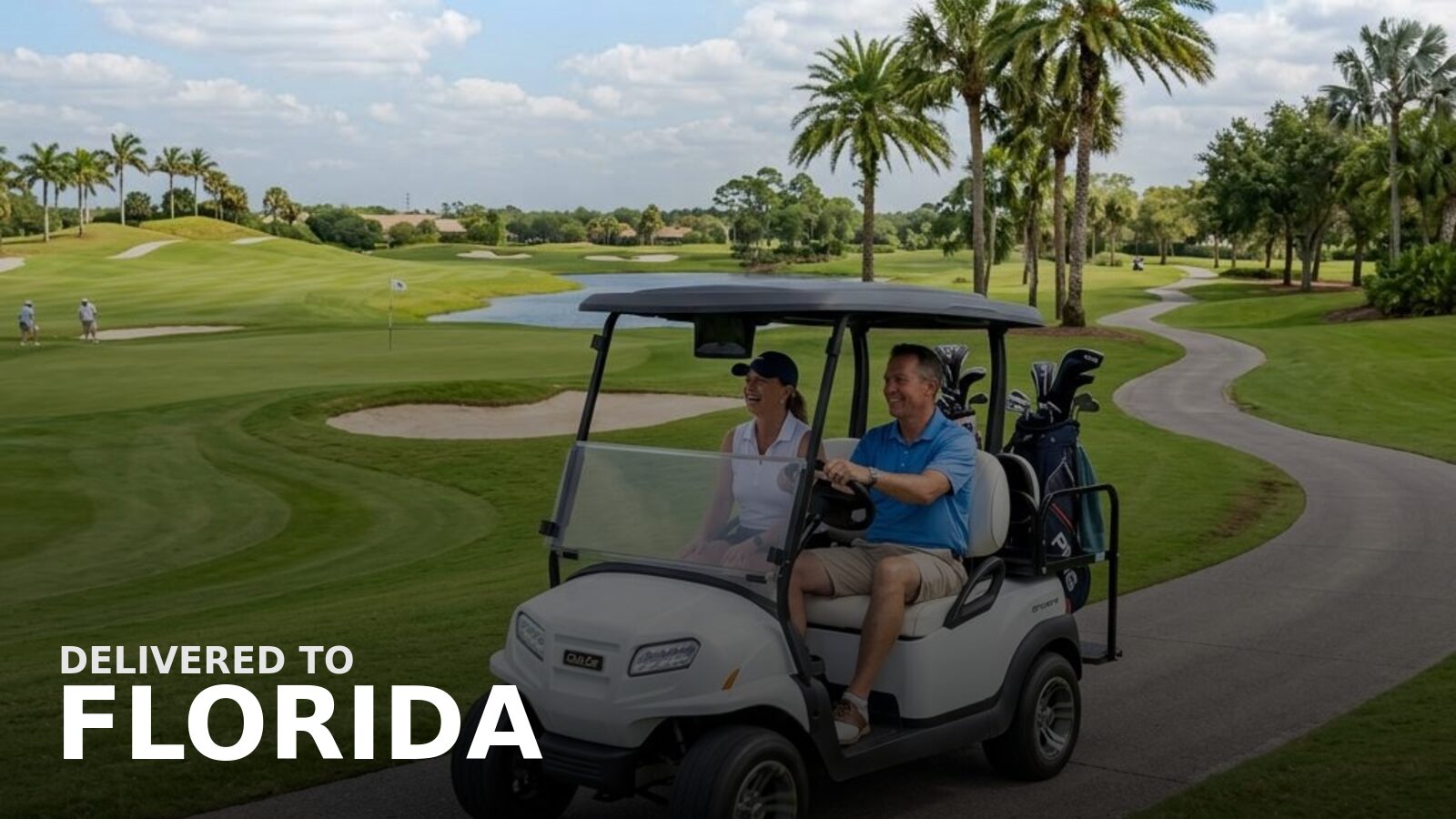 New powersports delivered to Florida — an electric golf cart on a palm-lined community street