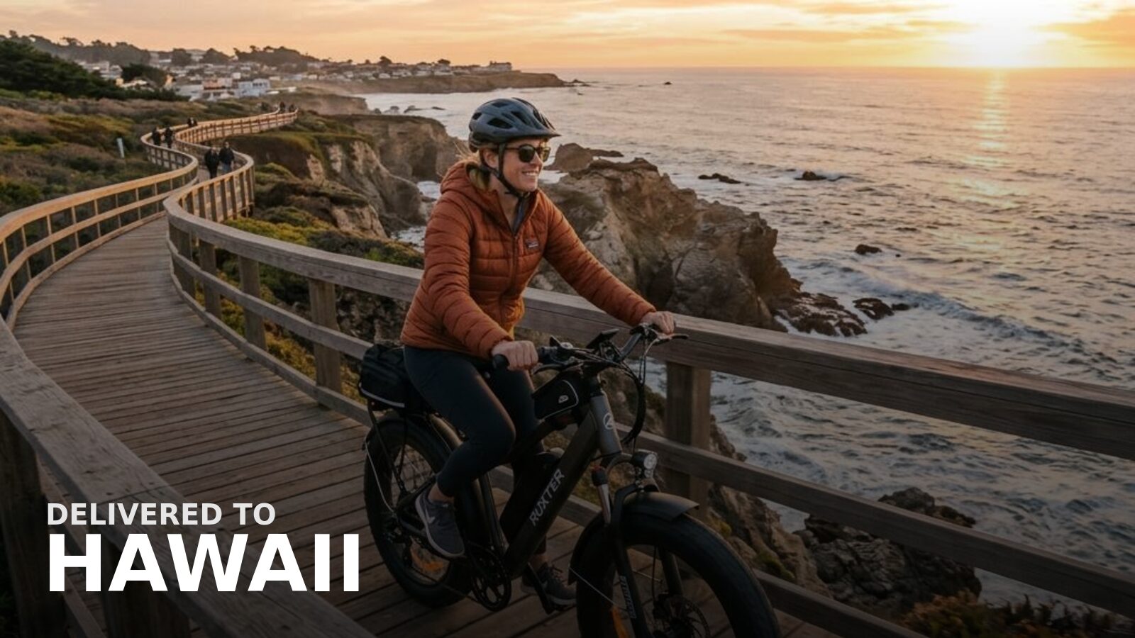 New powersports delivered to Hawaii — an e-bike on a coastal island road with ocean behind