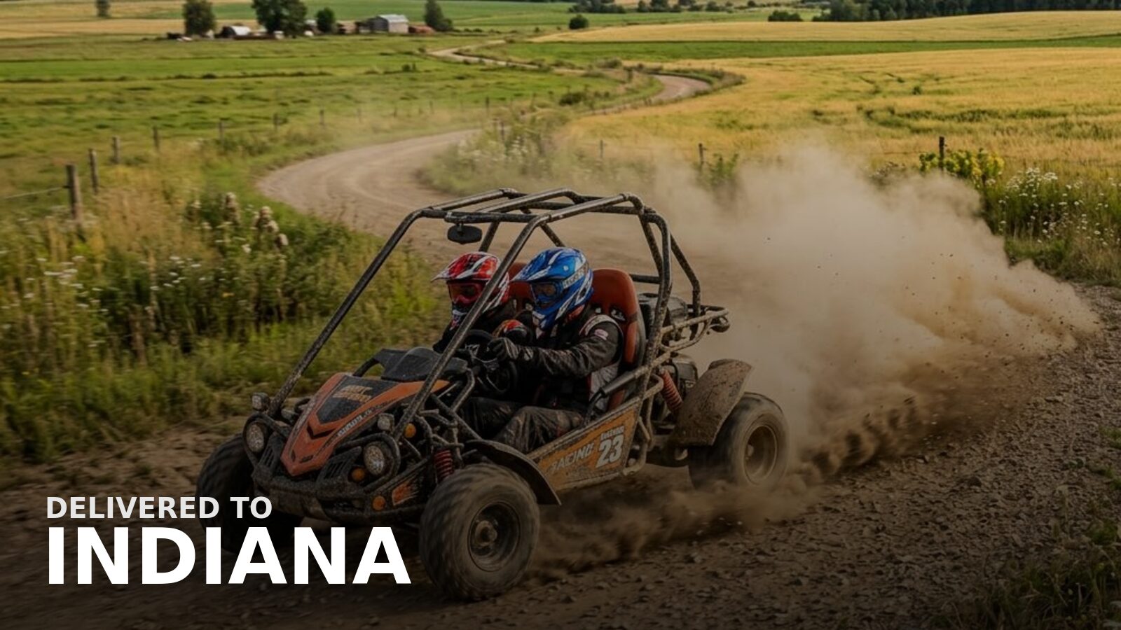 New powersports delivered to Indiana — a youth go-kart kicking up dust on a farm lane