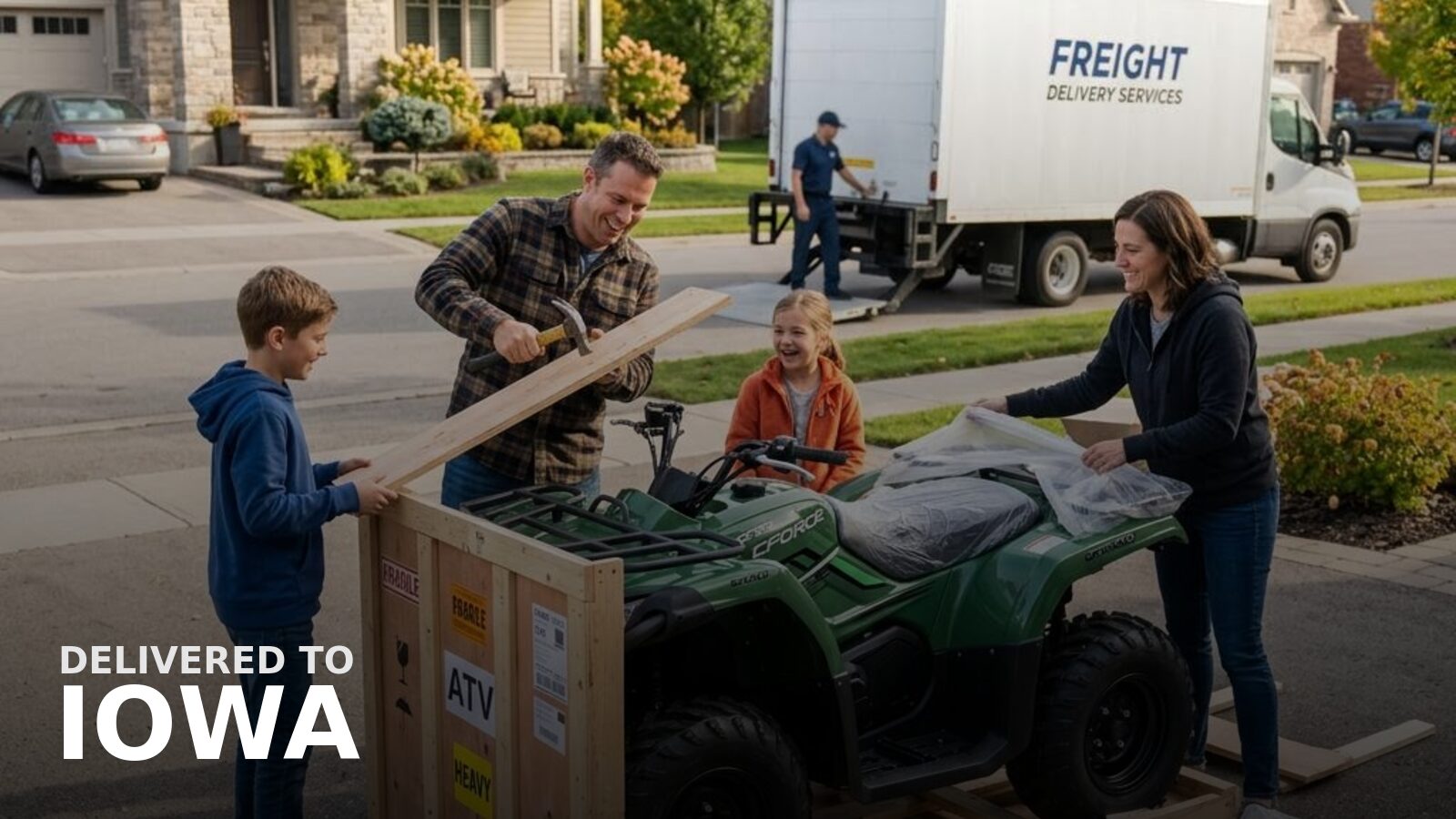 New powersports delivered to Iowa — a utility vehicle parked by a cornfield fence line