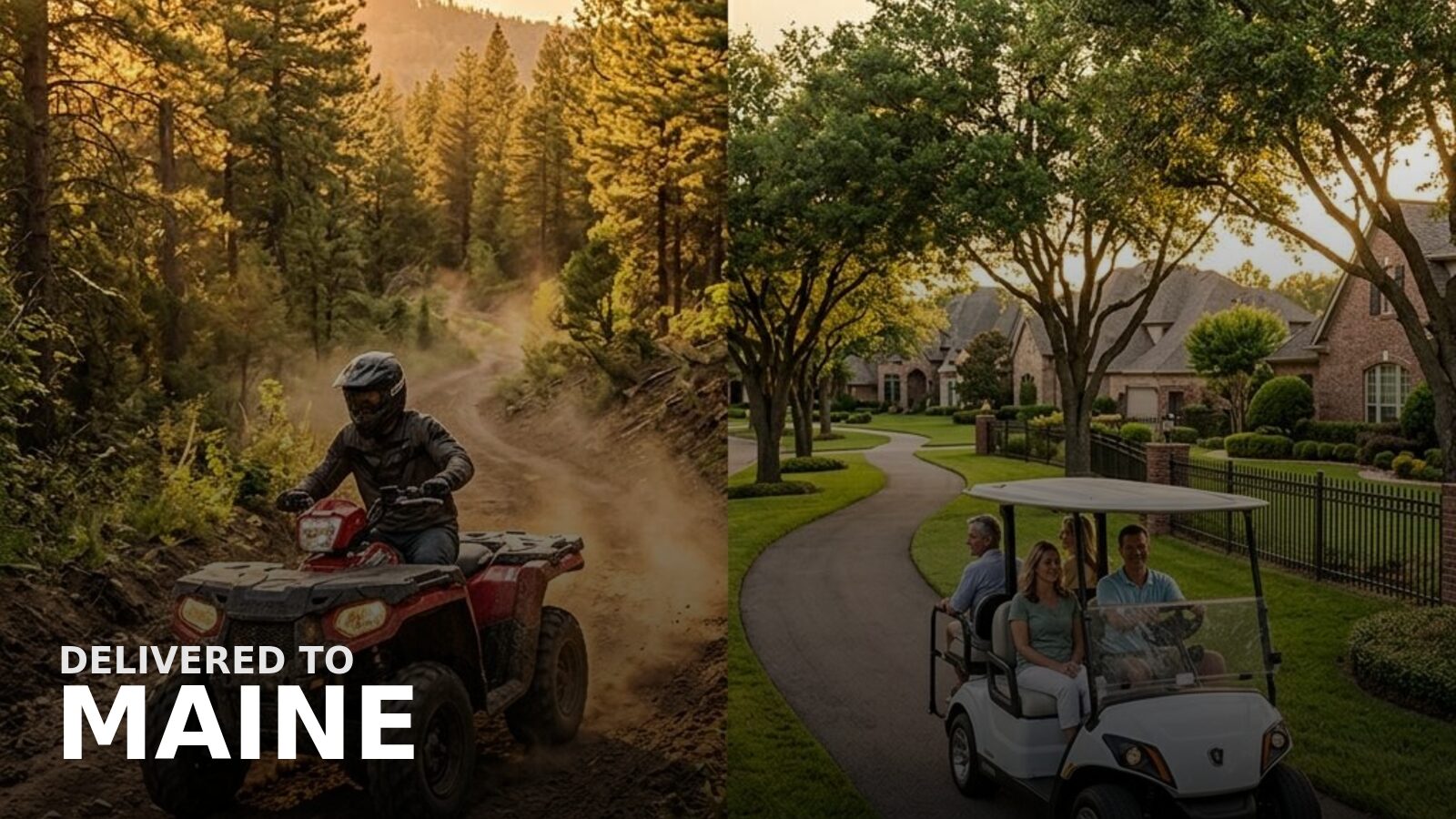 New powersports delivered to Maine — a snowmobile on a groomed trail through snowy spruce forest