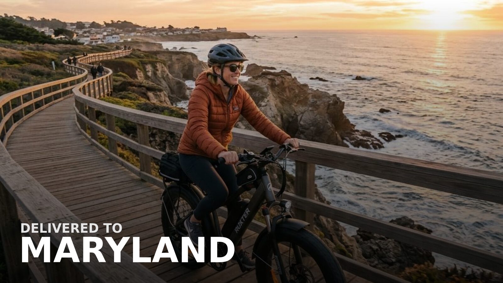 New powersports delivered to Maryland — an e-bike on a waterfront path near sailboats