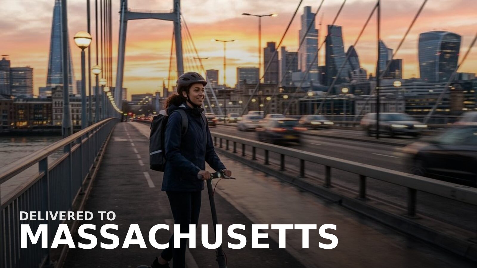 New powersports delivered to Massachusetts — an electric scooter on a leafy rail-trail in autumn