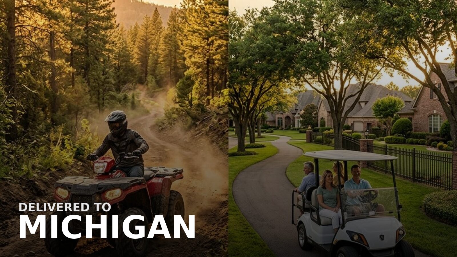 New powersports delivered to Michigan — a snowmobile crossing a frozen lake edge at dawn