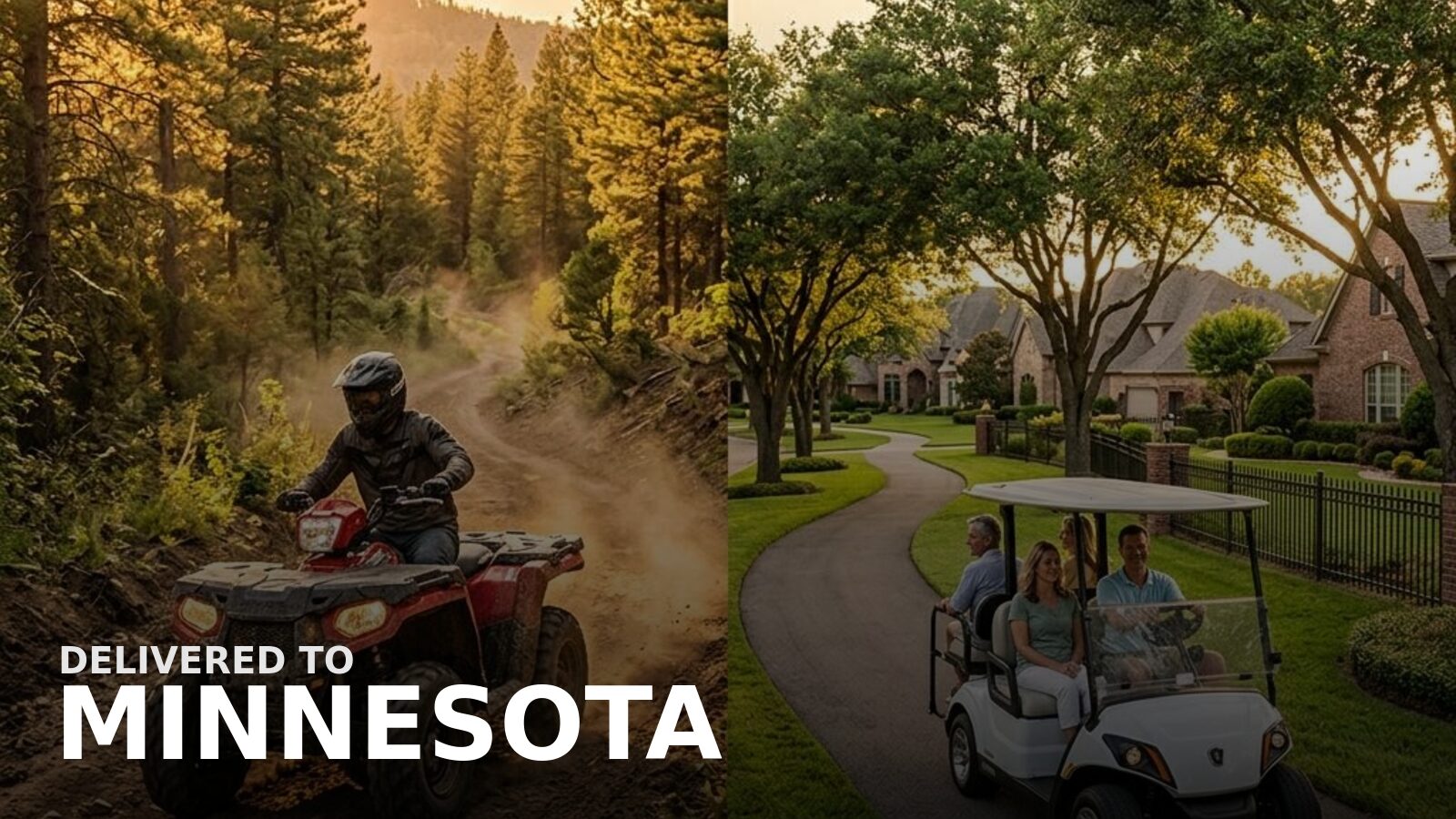 New powersports delivered to Minnesota — a snowmobile parked outside a snow-covered lake cabin