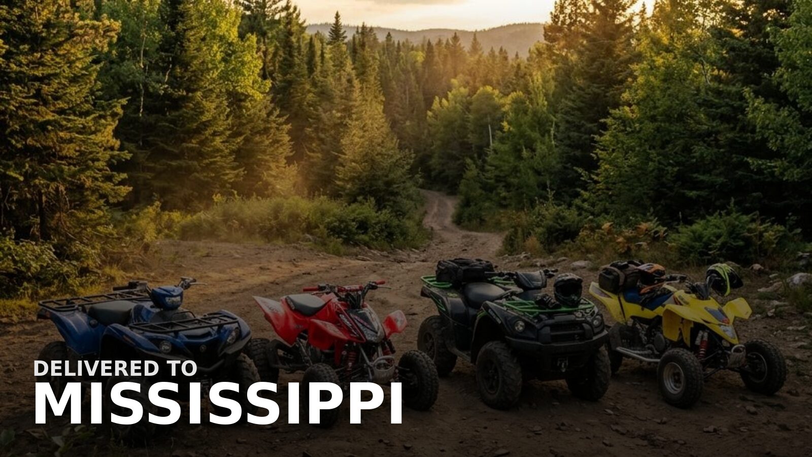 New powersports delivered to Mississippi — a gas ATV loaded for a hunting camp on a pine trail