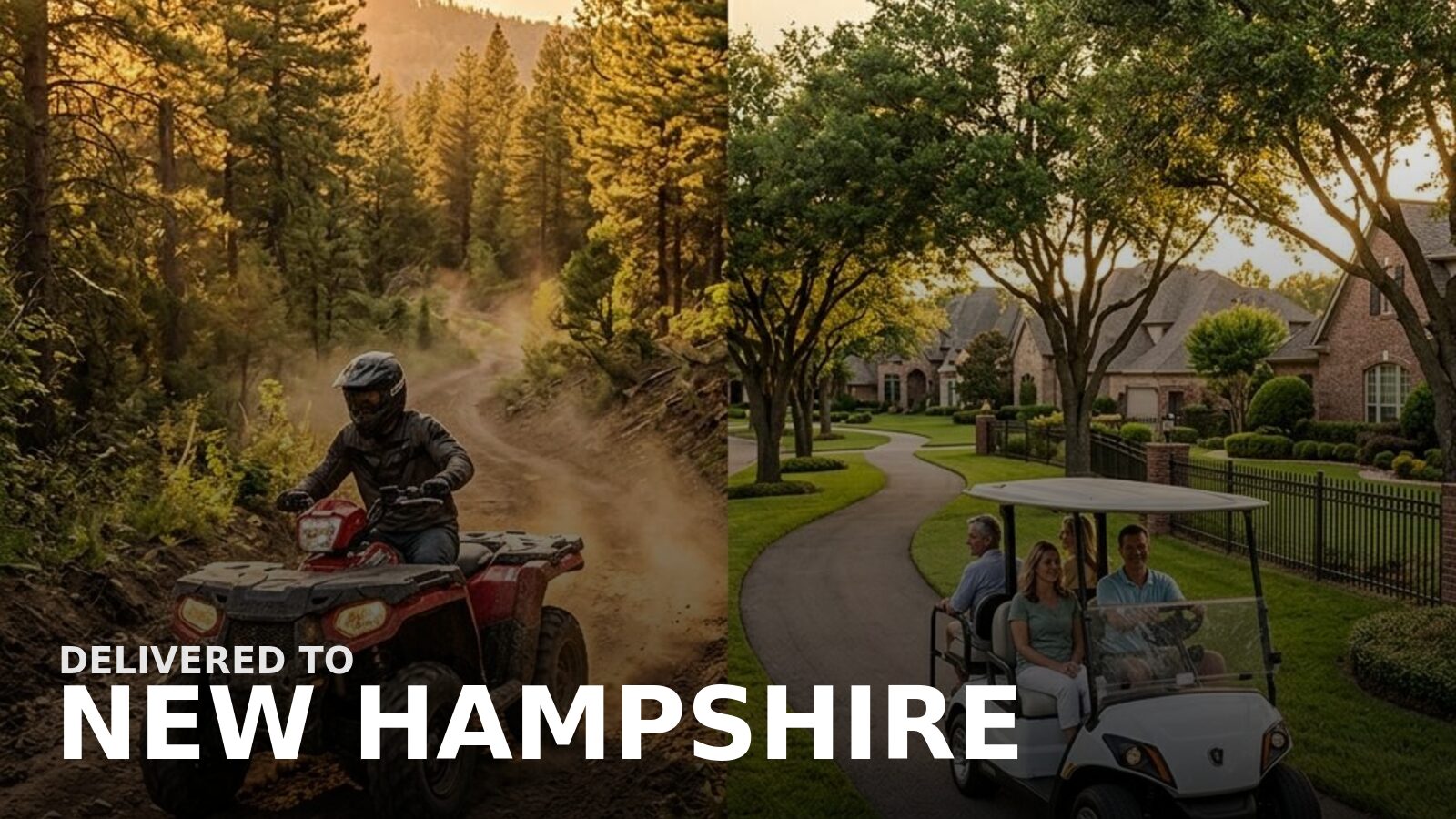 New powersports delivered to New Hampshire — a snowmobile on a forest trail below granite peaks