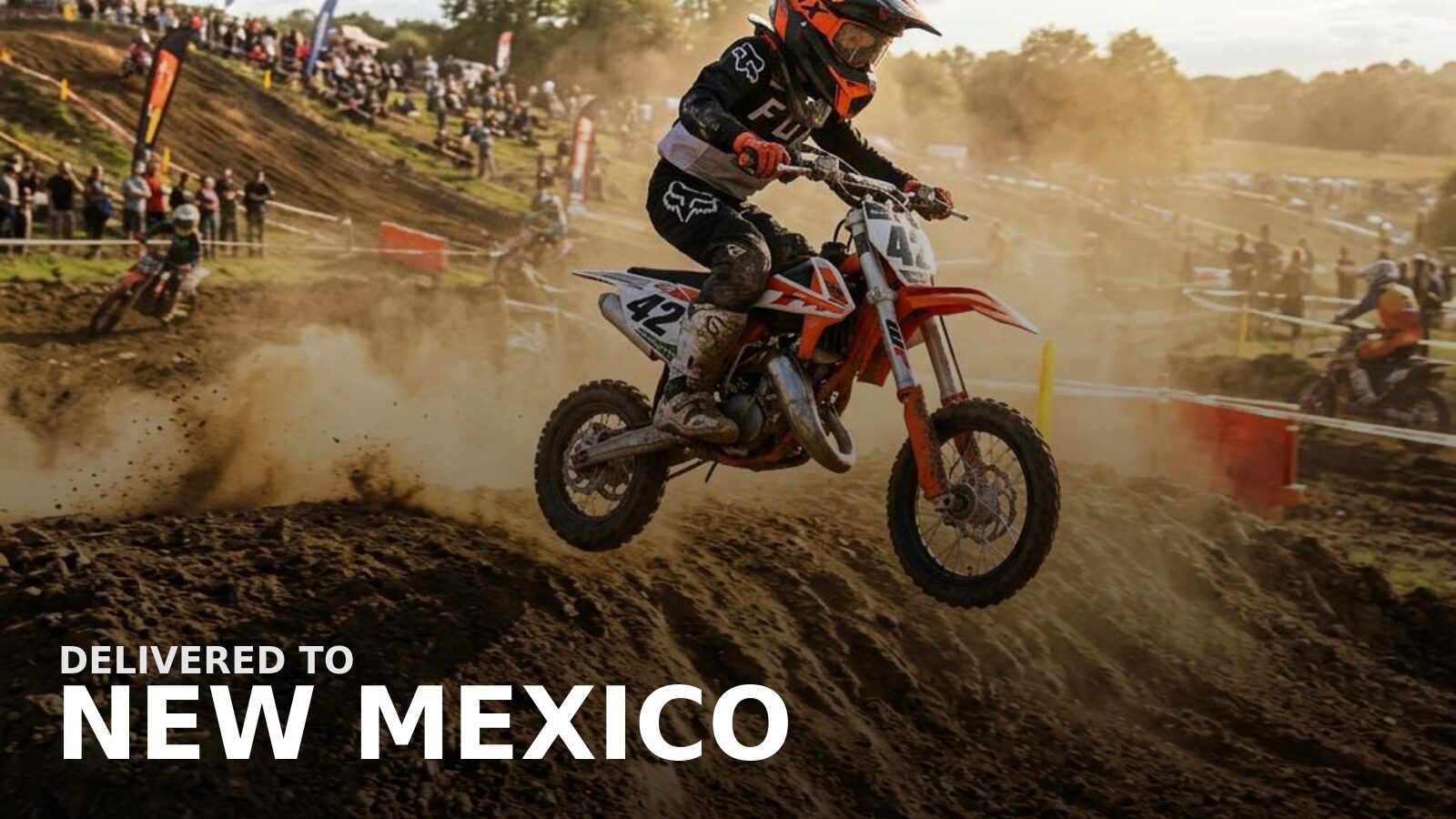 New powersports delivered to New Mexico — a dirt bike on a high-desert trail among juniper