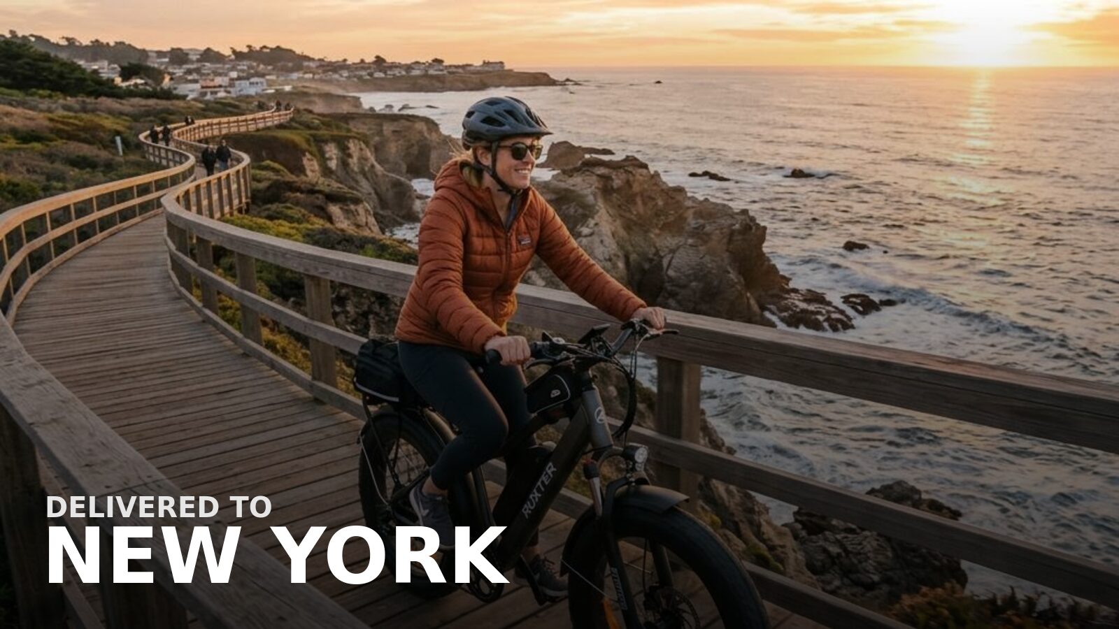 New powersports delivered to New York — an e-bike on a city bridge path at sunrise