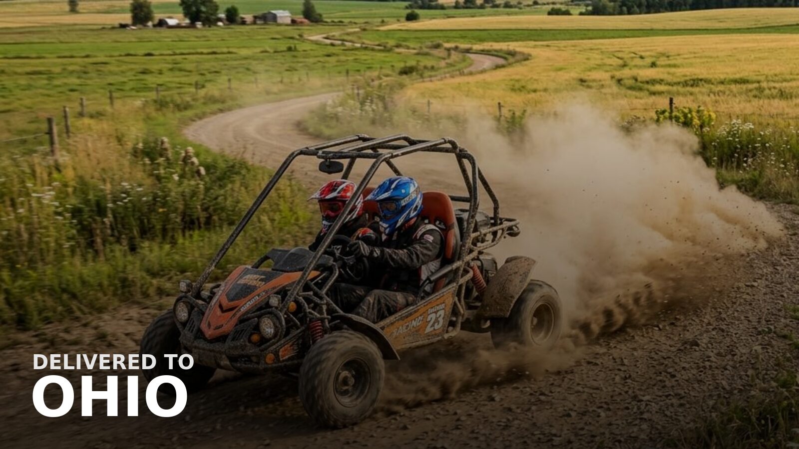 New powersports delivered to Ohio — a youth go-kart on a backyard grass track