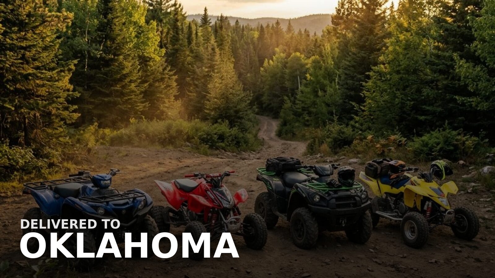 New powersports delivered to Oklahoma — an ATV on a red-dirt ranch road under open sky