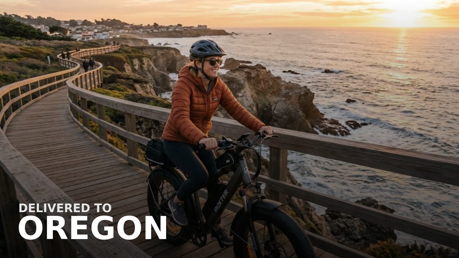 New powersports delivered to Oregon — an e-bike on a misty forest-park path