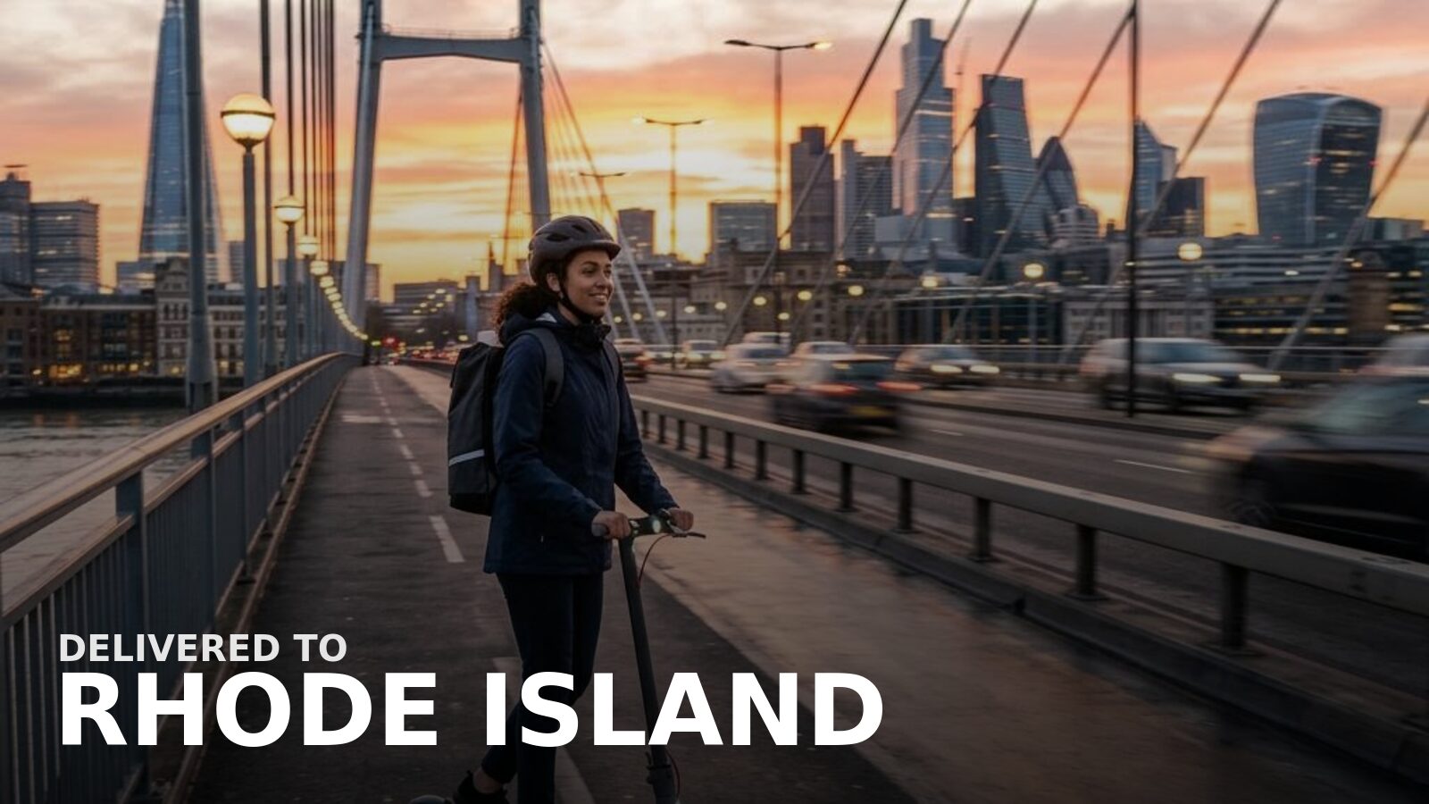 New powersports delivered to Rhode Island — an electric scooter by a harbor walk with moored boats