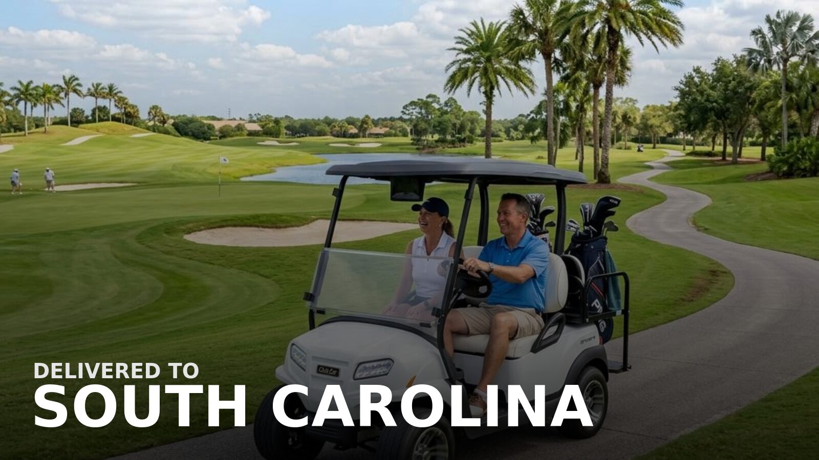 New powersports delivered to South Carolina — a golf cart on a palmetto-lined beach-town street
