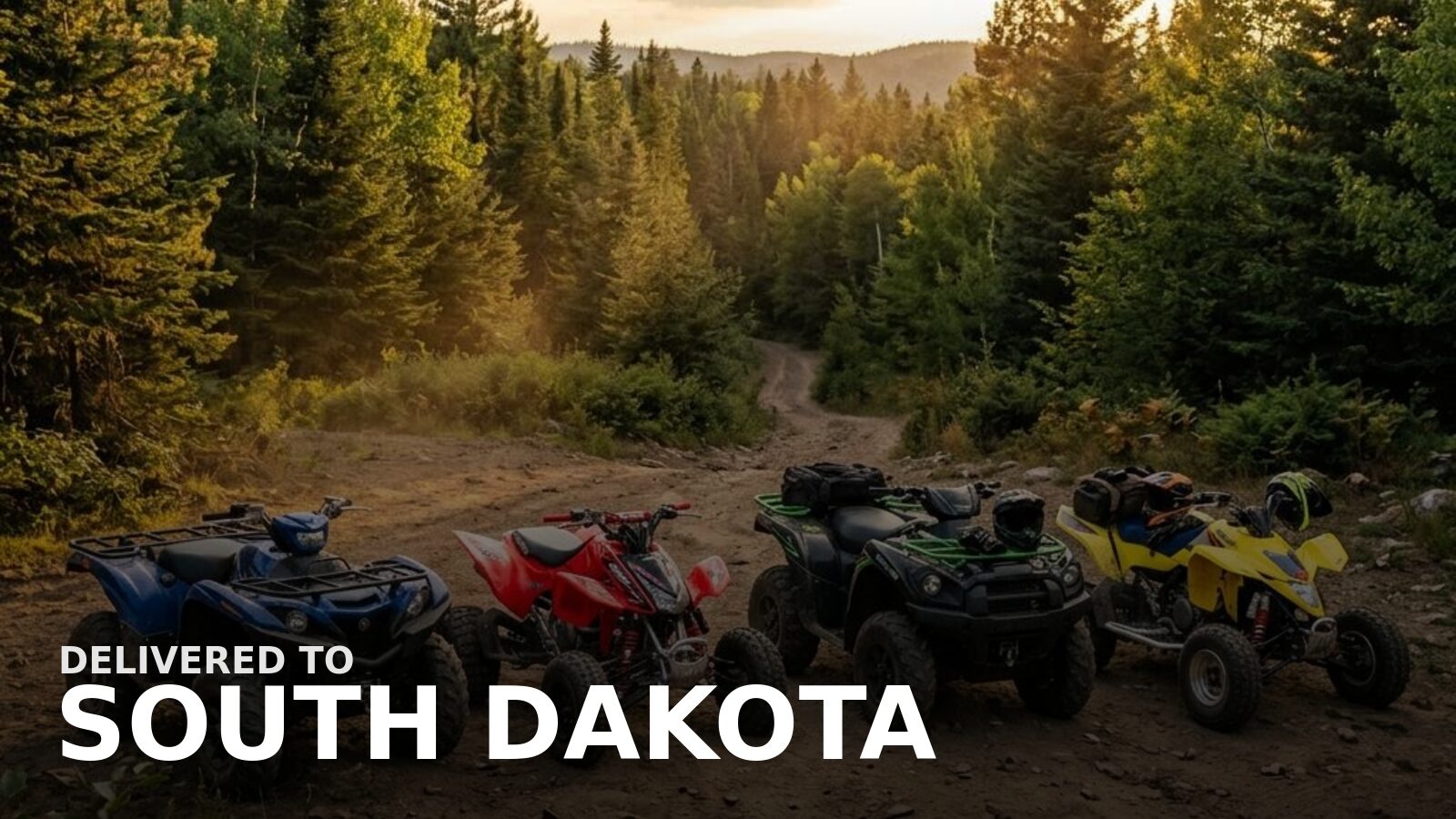 New powersports delivered to South Dakota — an ATV on a Black Hills gravel road among ponderosa