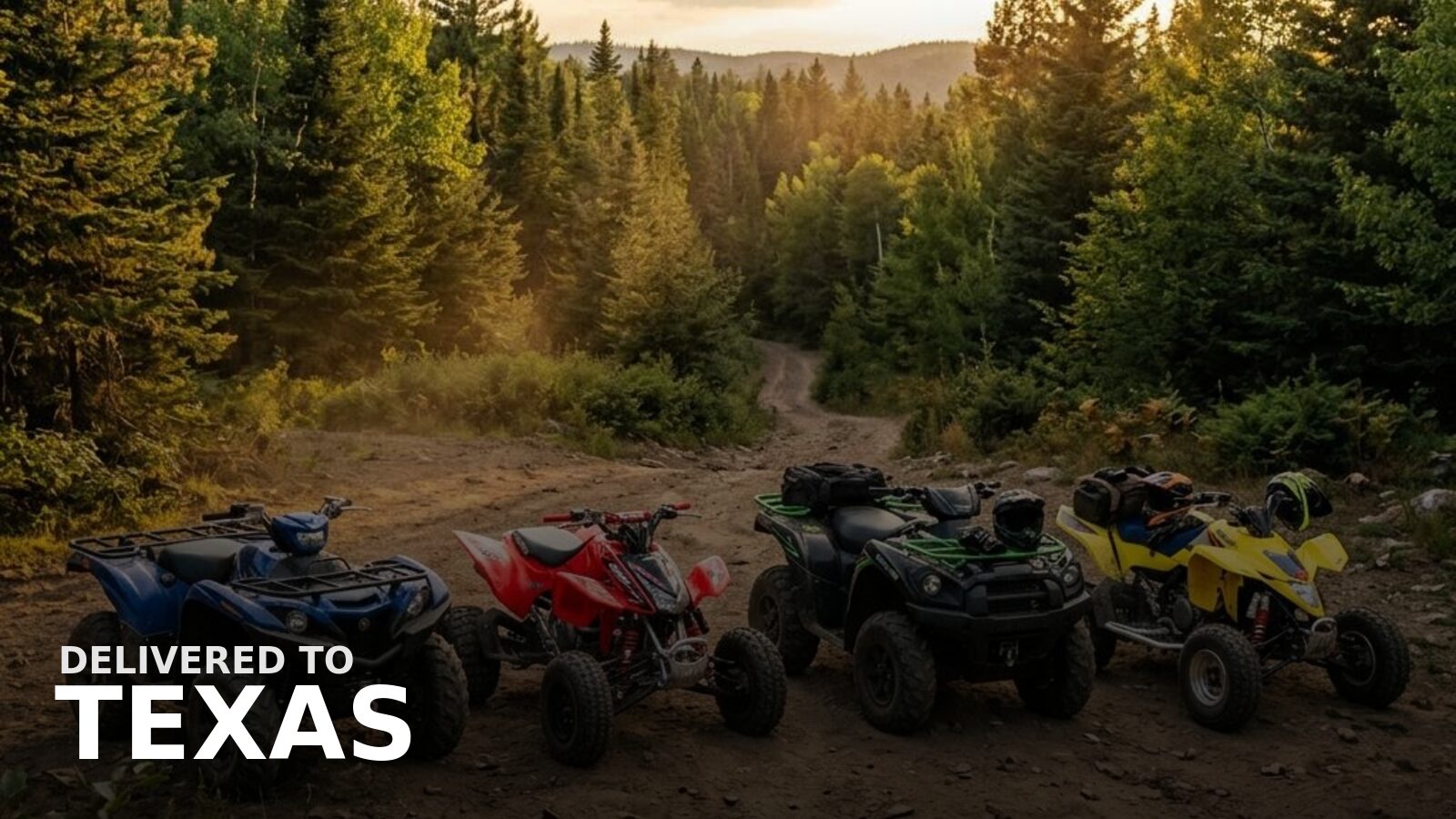 New powersports delivered to Texas — a gas ATV on a ranch road through hill-country brush
