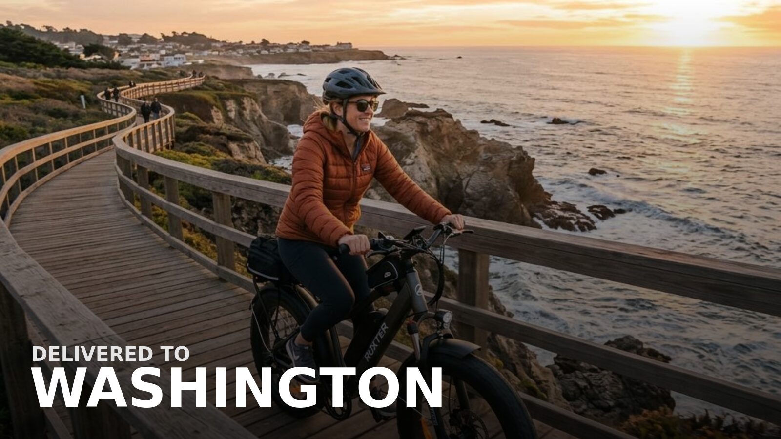 New powersports delivered to Washington — an e-bike on an evergreen-lined waterfront trail